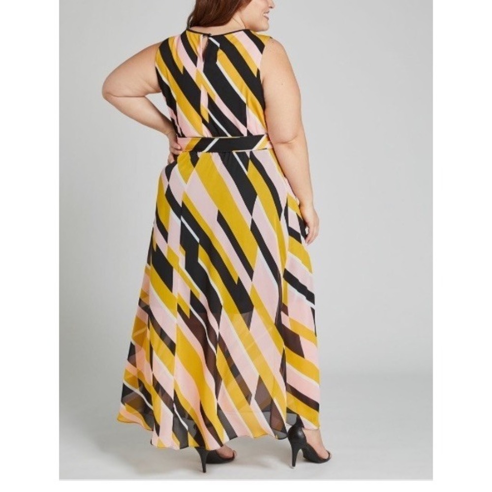 Lane Bryant Stripped Maxi Dress Sz 24 New Black Pink Yellow Belted Wedding Guest - Picture 2 of 12
